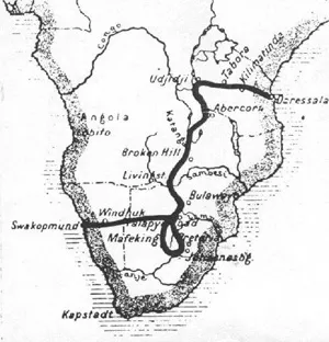 Karte der ersten Afrikaquerung mit dem Automobil